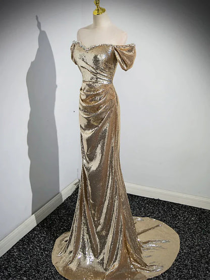 Gold Sequins Floor Length Prom Dress, Mermaid Off the Shoulder Evening Party Dress  TP283