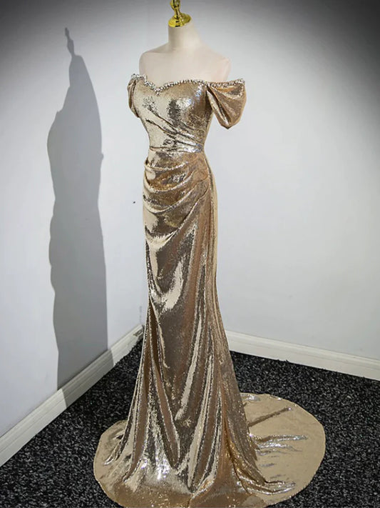 Gold Sequins Floor Length Prom Dress, Mermaid Off the Shoulder Evening Party Dress  TP283
