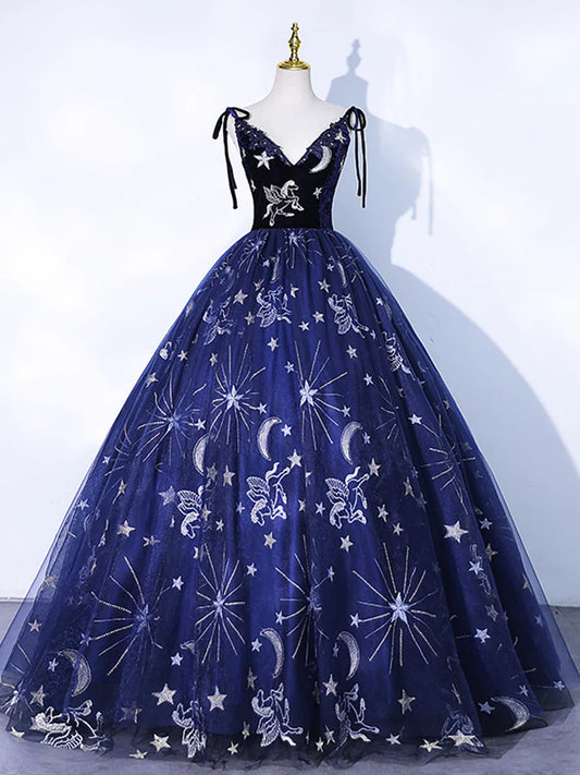 Vestido de fiesta largo de tul azul marino con tirantes finos, encaje floral y espalda descubierta TP284