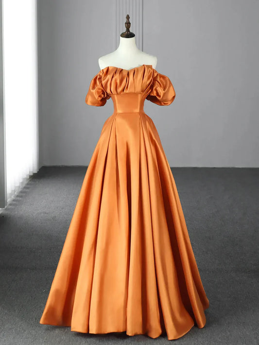 Vestido de fiesta largo de satén naranja hasta el suelo, con hombros descubiertos, TP285