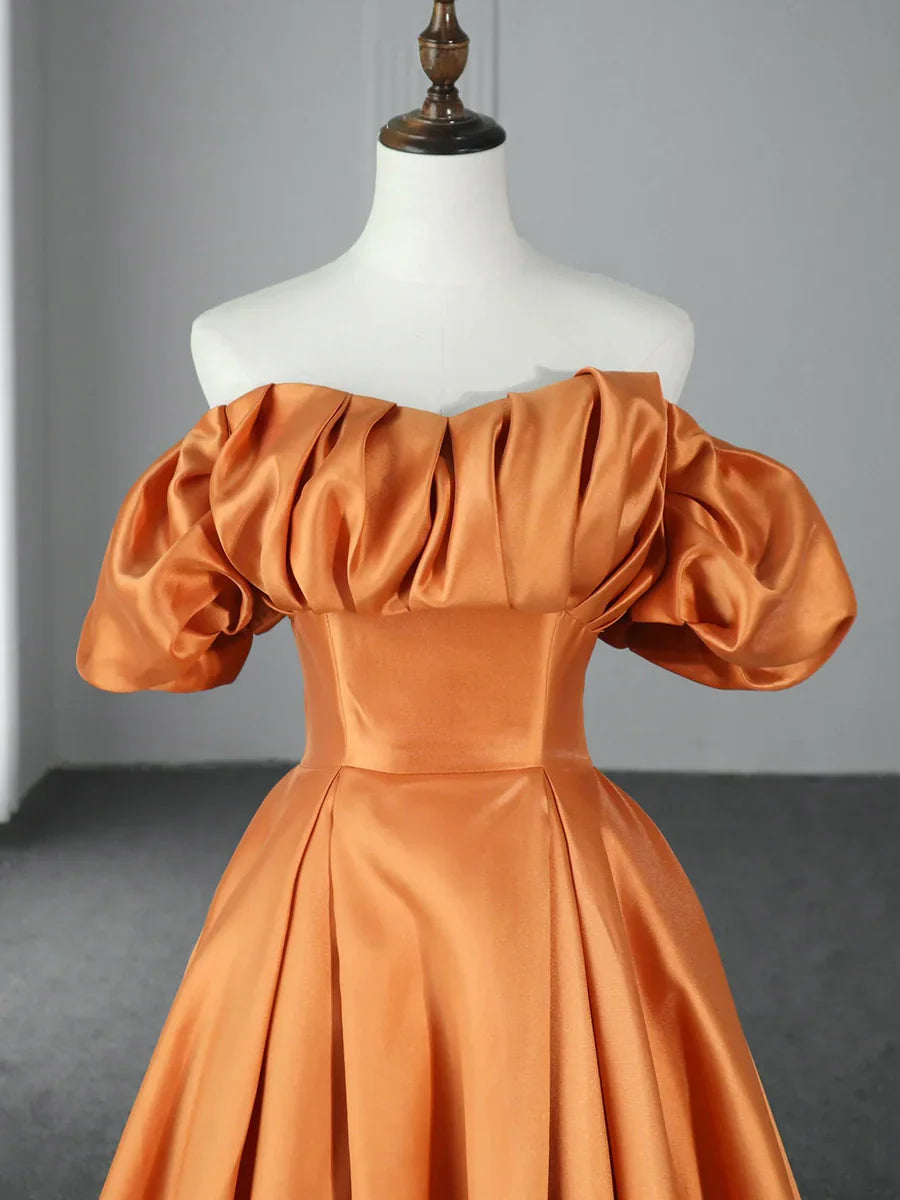 Vestido de fiesta largo de satén naranja hasta el suelo, con hombros descubiertos, TP285