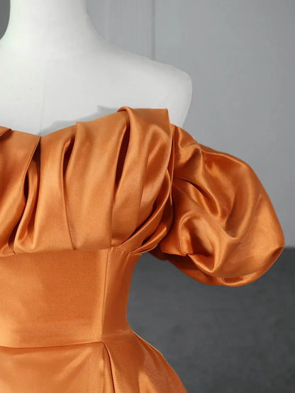 Vestido de fiesta largo de satén naranja hasta el suelo, con hombros descubiertos, TP285