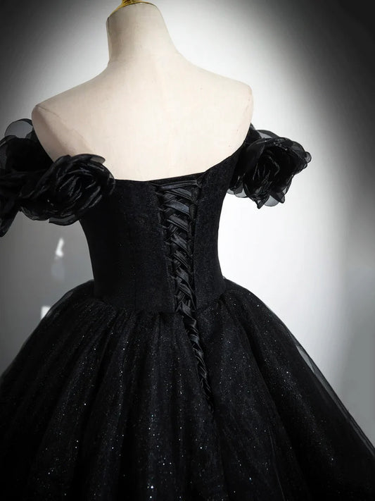 Vestido de noche negro con escote en forma de corazón y tul brillante, corte A y hombros descubiertos TP288