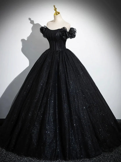 Vestido de noche negro con escote en forma de corazón y tul brillante, corte A y hombros descubiertos TP288