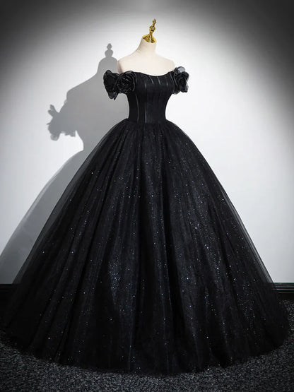 Vestido de noche negro con escote en forma de corazón y tul brillante, corte A y hombros descubiertos TP288