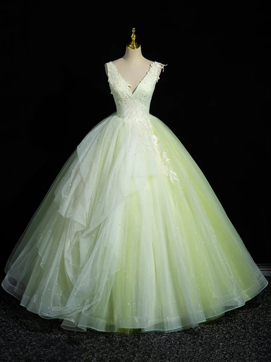 Green V-Neck Tulle Lace Long Prom Dress, A-Line Sleeveless Evening Dress  TP289