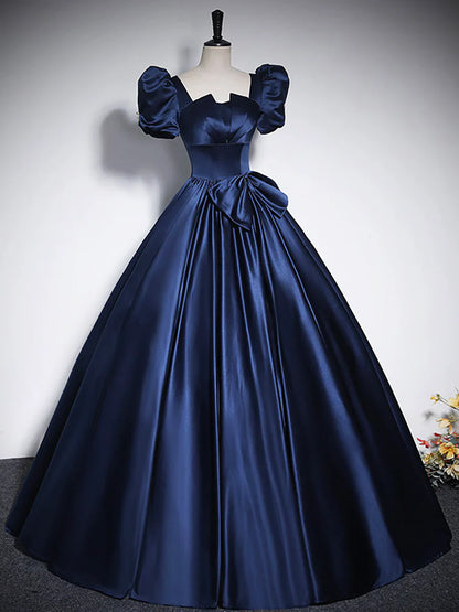 Elegant Blue Satin Floor-Length Prom Dresses, Square Neckline Puffy Short Sleeve Bow Formal Dresses  TP291