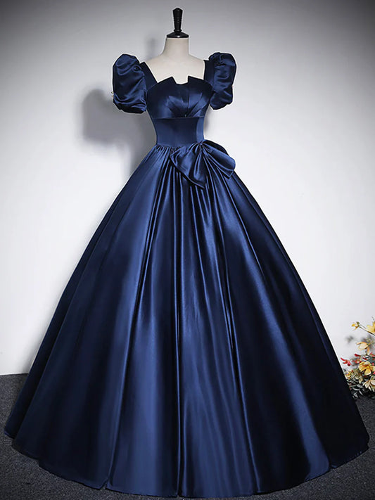 Elegante vestido de fiesta de satén azul hasta el suelo, con escote cuadrado, mangas cortas abullonadas y lazo, TP291