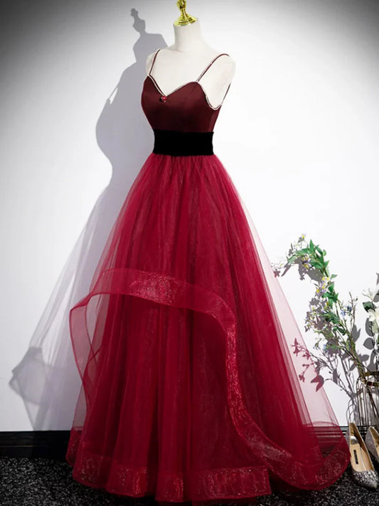 Burgundy Spaghetti Strap Tulle Long Corset Prom Dress, A-Line Evening Party Dress  TP293