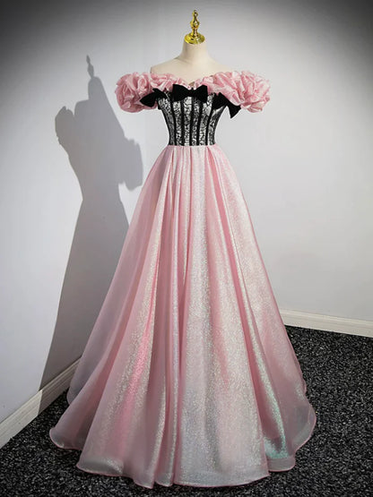 Vestido de fiesta largo de tul brillante con corsé rosa, corte A, vestido de noche rosa con hombros descubiertos TP294