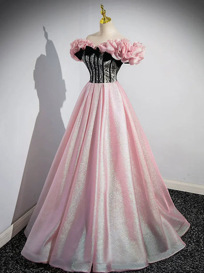Vestido de fiesta largo de tul brillante con corsé rosa, corte A, vestido de noche rosa con hombros descubiertos TP294