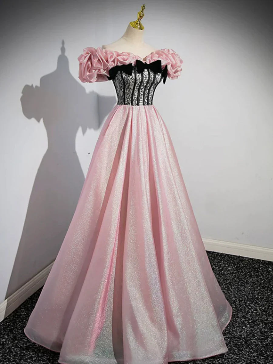 Vestido de fiesta largo de tul brillante con corsé rosa, corte A, vestido de noche rosa con hombros descubiertos TP294