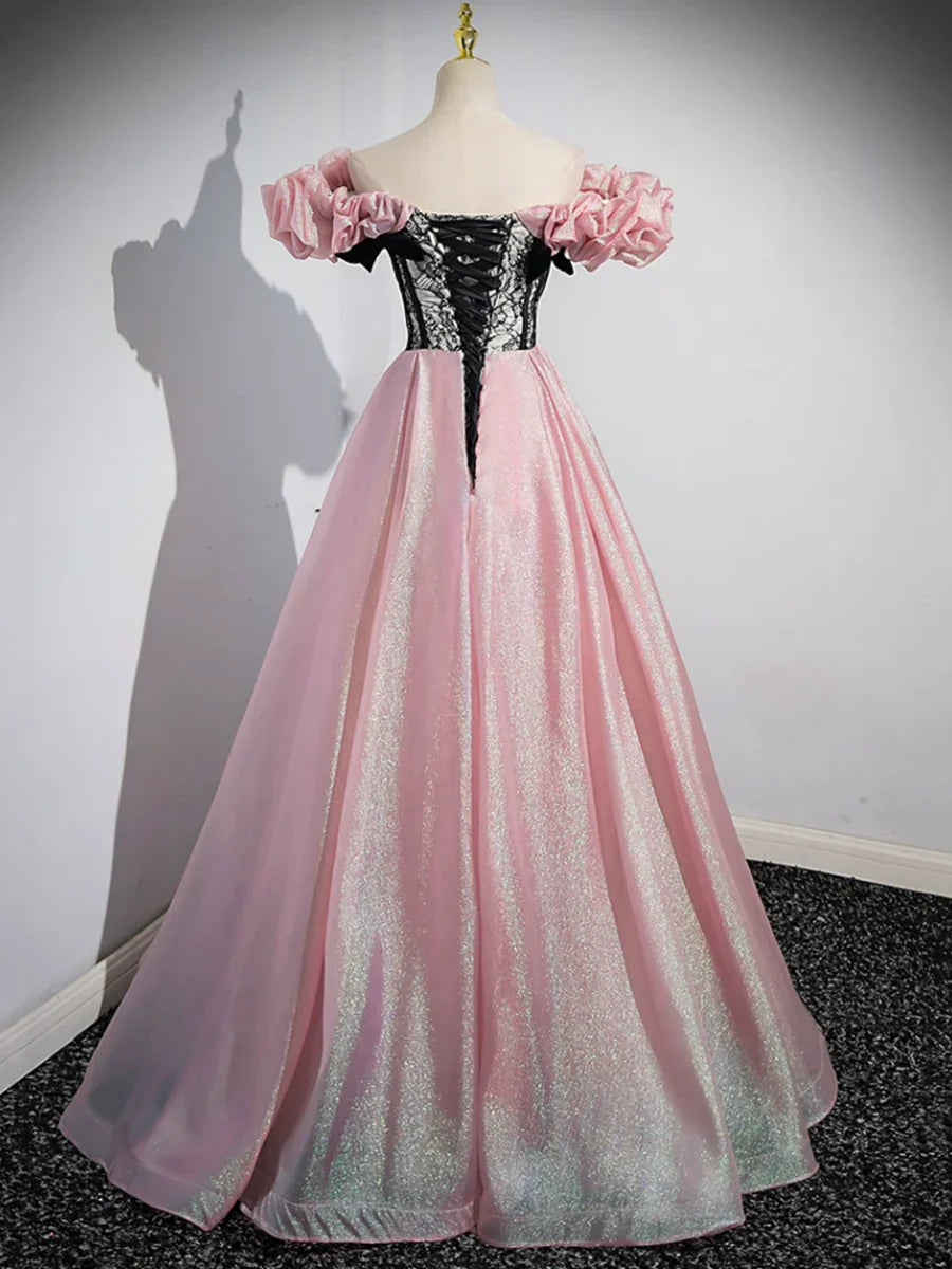 Vestido de fiesta largo de tul brillante con corsé rosa, corte A, vestido de noche rosa con hombros descubiertos TP294