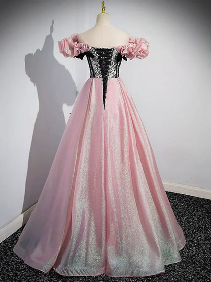 Vestido de fiesta largo de tul brillante con corsé rosa, corte A, vestido de noche rosa con hombros descubiertos TP294