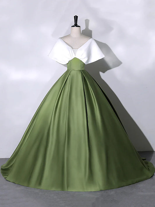 Vestido de fiesta de satén blanco y verde, largo hasta el suelo, escote en V y hombros descubiertos, TP296