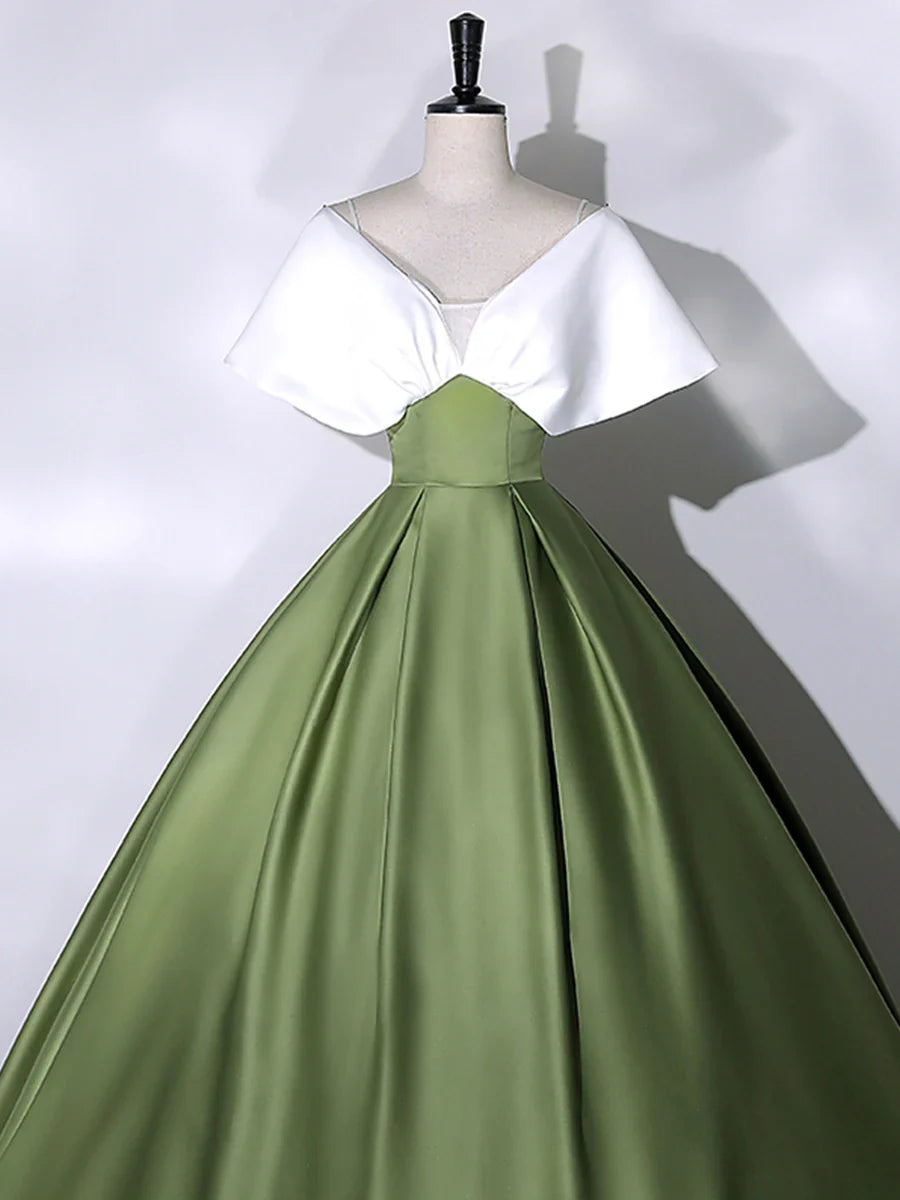 Vestido de fiesta de satén blanco y verde, largo hasta el suelo, escote en V y hombros descubiertos, TP296