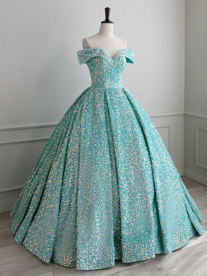Vestido de fiesta con lentejuelas brillantes y hombros descubiertos, vestido de noche de corte A hasta el suelo TP297