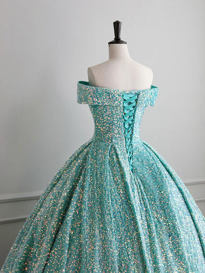 Vestido de fiesta con lentejuelas brillantes y hombros descubiertos, vestido de noche de corte A hasta el suelo TP297