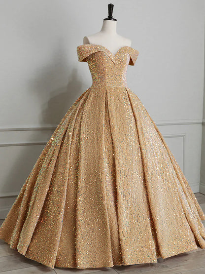 Vestido de fiesta con lentejuelas brillantes y hombros descubiertos, vestido de noche de corte A hasta el suelo TP297