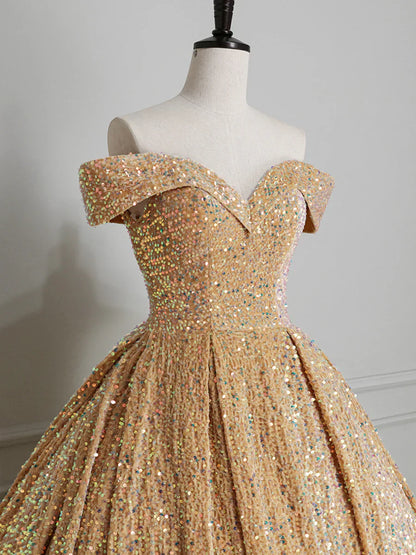 Vestido de fiesta con lentejuelas brillantes y hombros descubiertos, vestido de noche de corte A hasta el suelo TP297