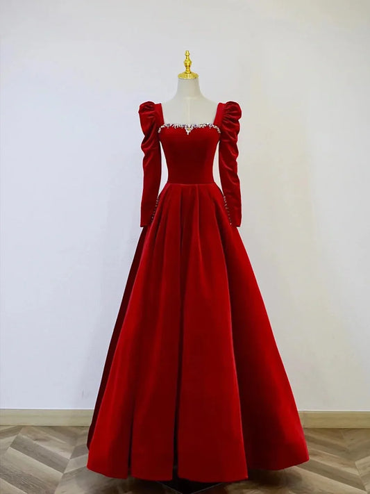 Vestido de fiesta de terciopelo, largo hasta el suelo, corte A, manga larga, color burdeos, vestido formal de noche TP298