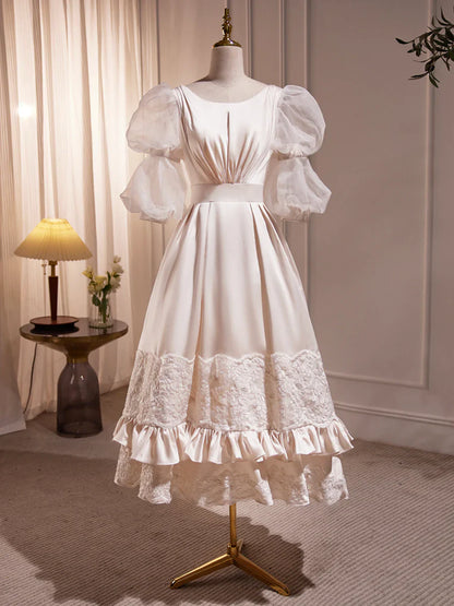 Beautiful Scoop Neck Tea Length Prom Dress, A-Line Puffy Short Sleeve Backless Party Dress  TP299