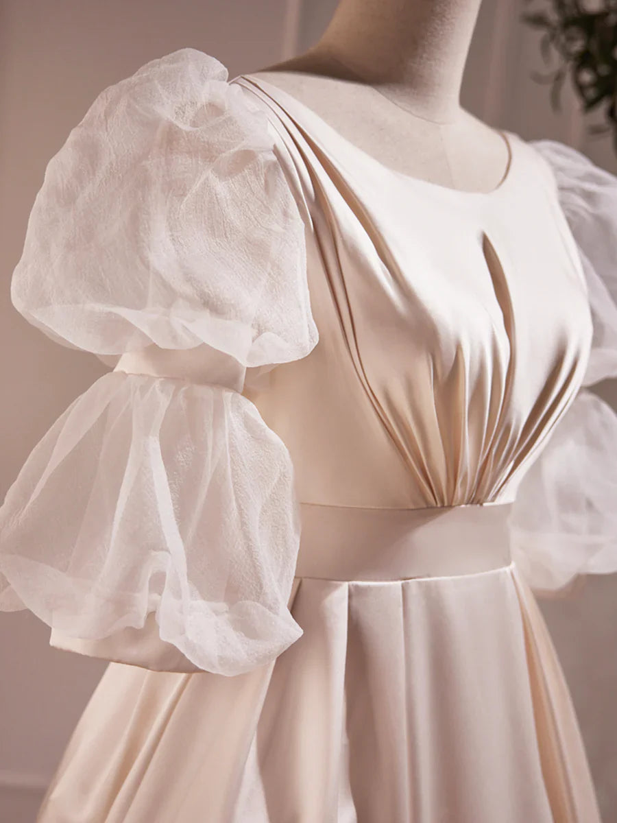 Beautiful Scoop Neck Tea Length Prom Dress, A-Line Puffy Short Sleeve Backless Party Dress  TP299