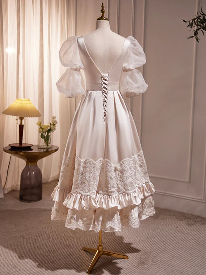 Beautiful Scoop Neck Tea Length Prom Dress, A-Line Puffy Short Sleeve Backless Party Dress  TP299