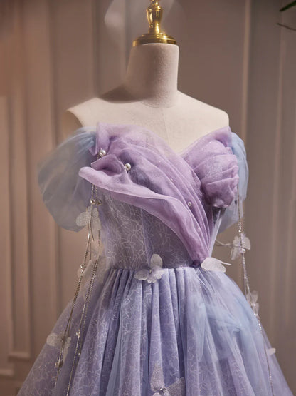 Vestido formal de tul morado hasta la rodilla para fiesta de cumpleaños, vestido de fiesta morado con hombros descubiertos TP300