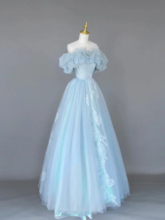 Vestido de fiesta largo de tul azul claro con encaje, precioso vestido de noche con hombros descubiertos TP303