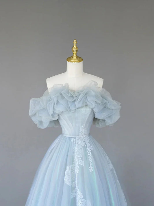 Vestido de fiesta largo de tul azul claro con encaje, precioso vestido de noche con hombros descubiertos TP303