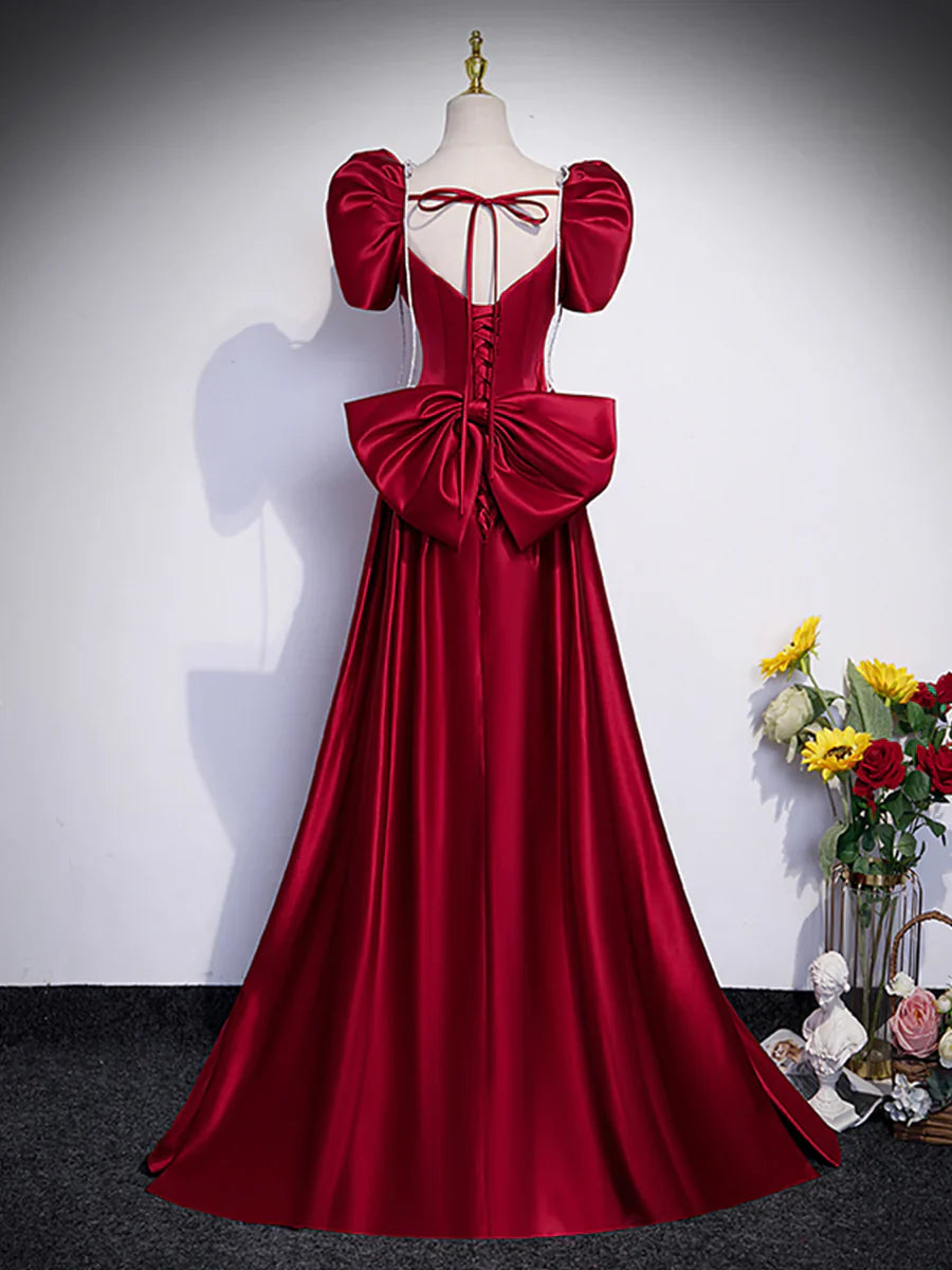 Beautiful Satin Floor Length Prom Dress with Bowknot, Burgundy Short Sleeve Evening Dress  TP304