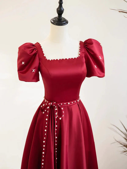 Burgundy Satin Short Sleeve Floor Length Prom Dress, Burgundy Evening Dress with Pearls  TP305