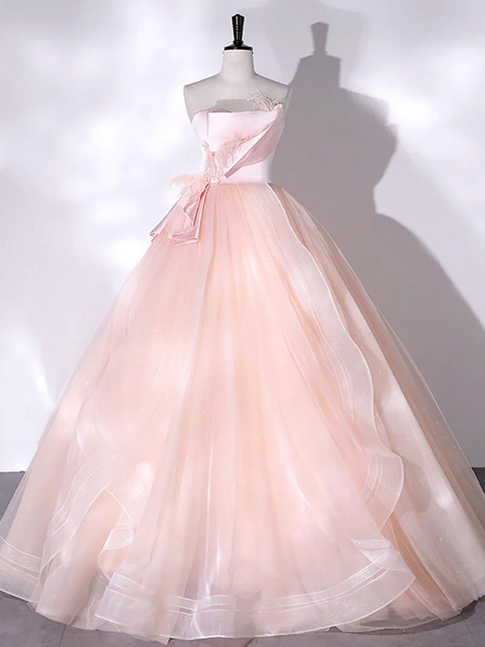 Vestido largo de fiesta rosa sin tirantes de tul, vestido de fiesta rosa de corte A con plumas TP306