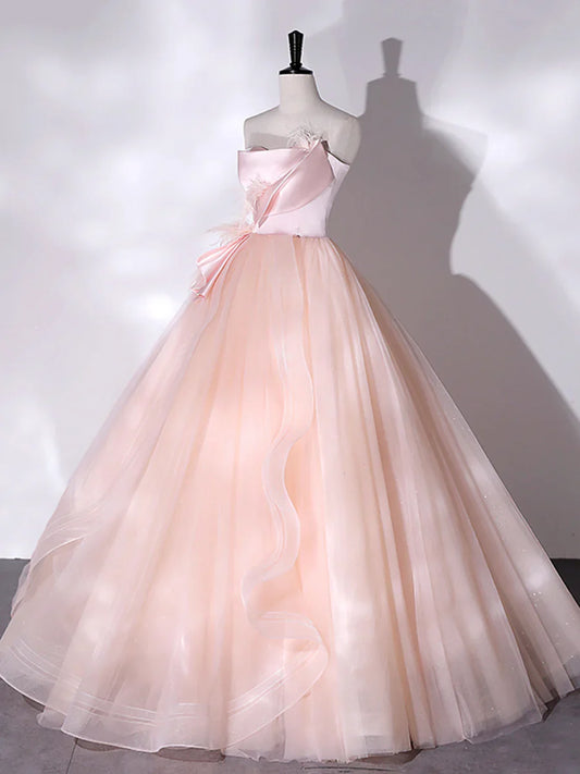 Vestido largo de fiesta rosa sin tirantes de tul, vestido de fiesta rosa de corte A con plumas TP306
