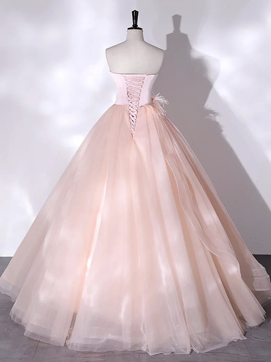 Vestido largo de fiesta rosa sin tirantes de tul, vestido de fiesta rosa de corte A con plumas TP306