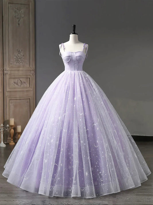 Vestido de fiesta largo con tirantes de tul morado claro, corte princesa morado TP307