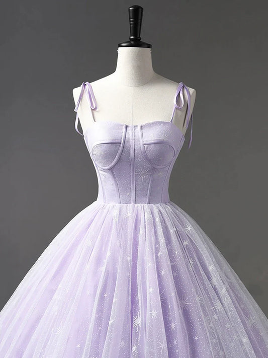 Vestido de fiesta largo con tirantes de tul morado claro, corte princesa morado TP307