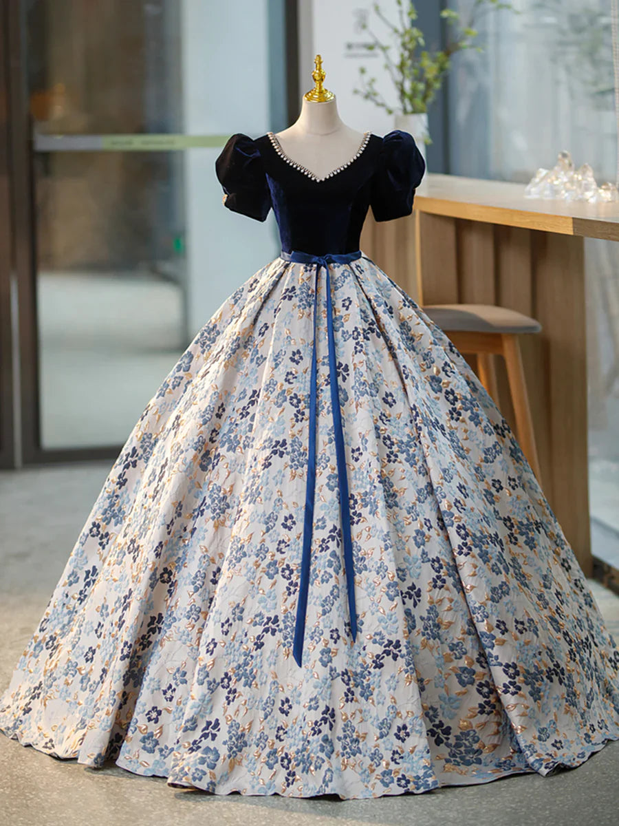 Vestido de noche azul de terciopelo con escote en V y manga corta, largo hasta el suelo, TP308