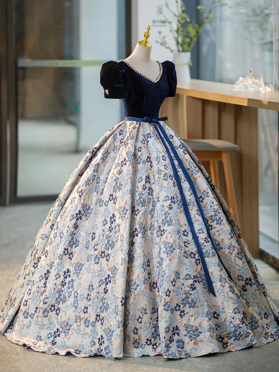 Vestido de noche azul de terciopelo con escote en V y manga corta, largo hasta el suelo, TP308