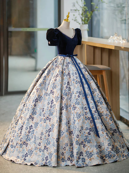 Vestido de noche azul de terciopelo con escote en V y manga corta, largo hasta el suelo, TP308