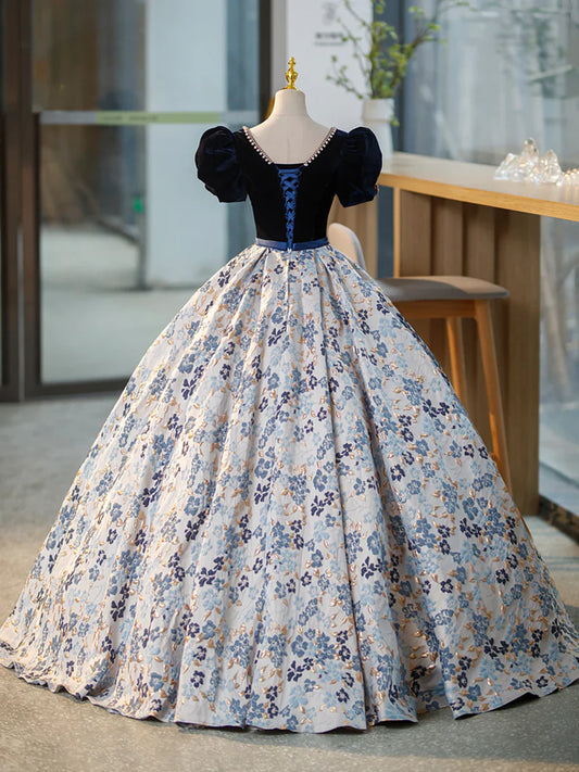 Vestido de noche azul de terciopelo con escote en V y manga corta, largo hasta el suelo, TP308