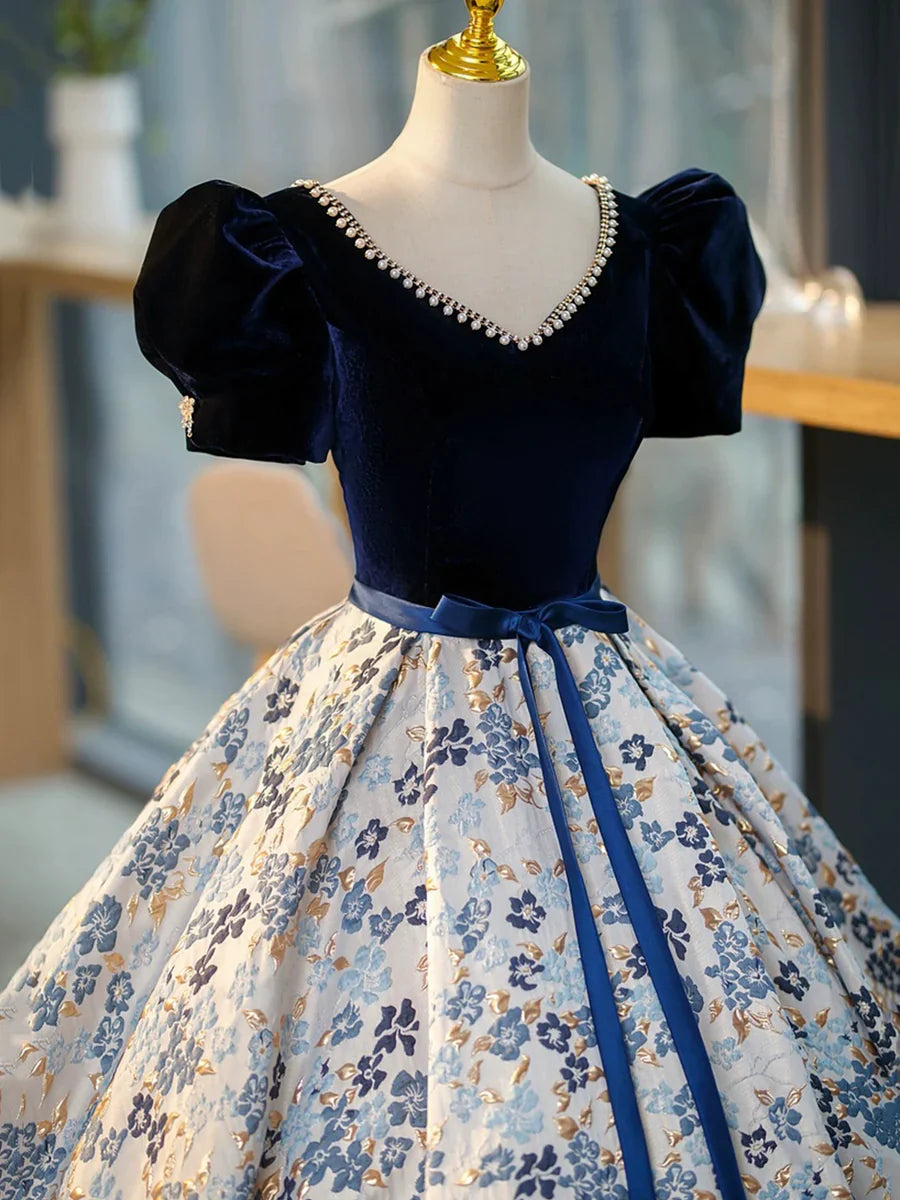 Vestido de noche azul de terciopelo con escote en V y manga corta, largo hasta el suelo, TP308