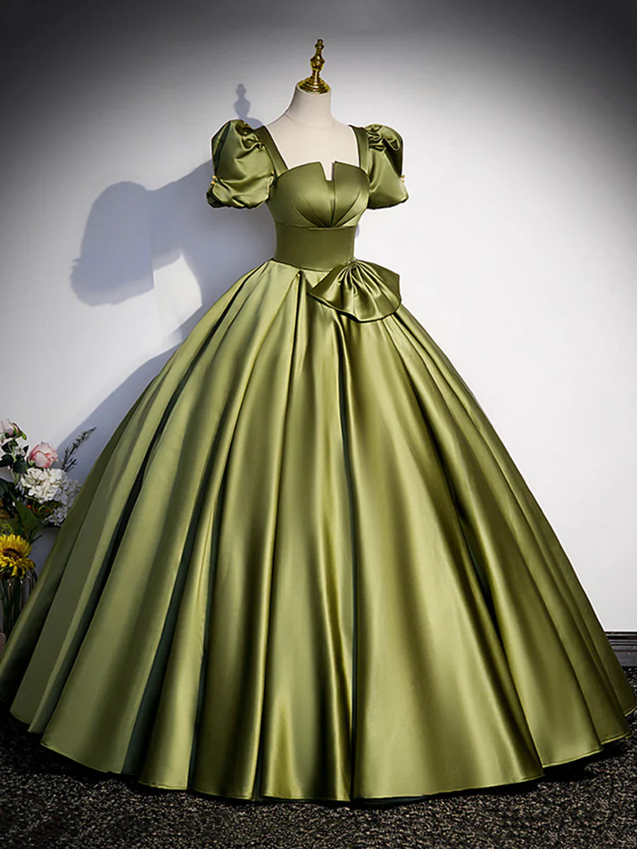 Green Satin Short Sleeve Floor Length Formal Dress, Green A-Line Prom Dress  TP310