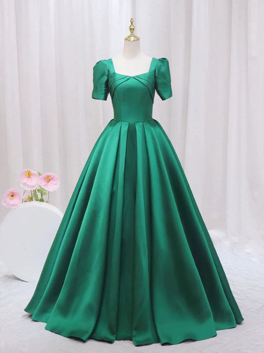 Green Satin Floor Length Prom Dress, Green Short Sleeve Evening Dress  TP311