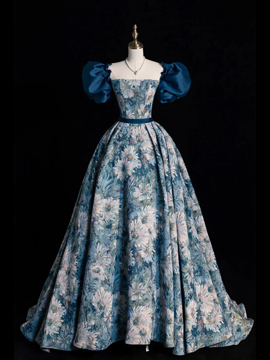 Vestido de noche largo con estampado azul, elegante, corte A, manga corta, TP312