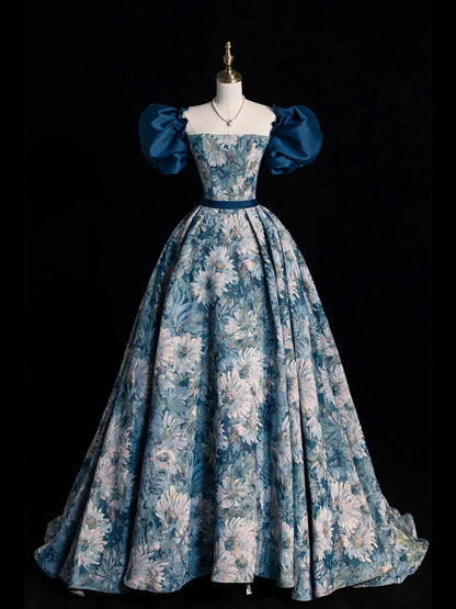 Vestido de noche largo con estampado azul, elegante, corte A, manga corta, TP312