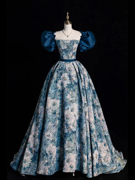 Vestido de noche largo con estampado azul, elegante, corte A, manga corta, TP312