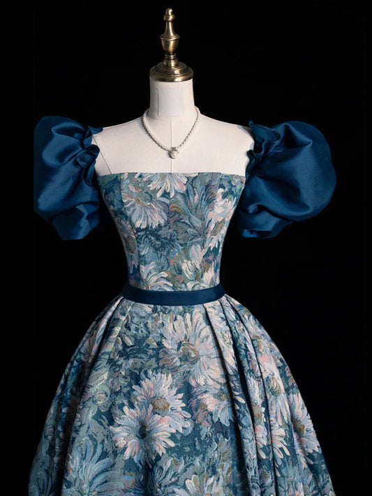 Vestido de noche largo con estampado azul, elegante, corte A, manga corta, TP312