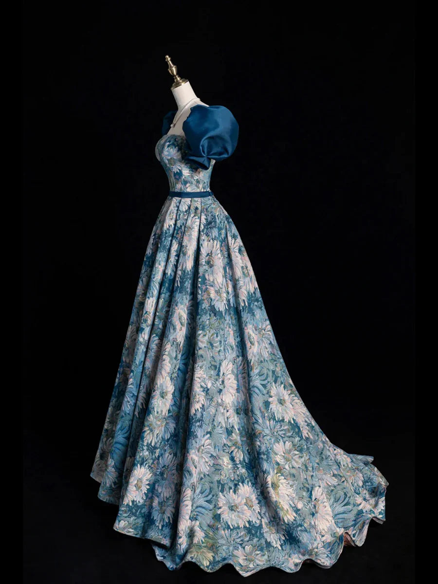 Vestido de noche largo con estampado azul, elegante, corte A, manga corta, TP312